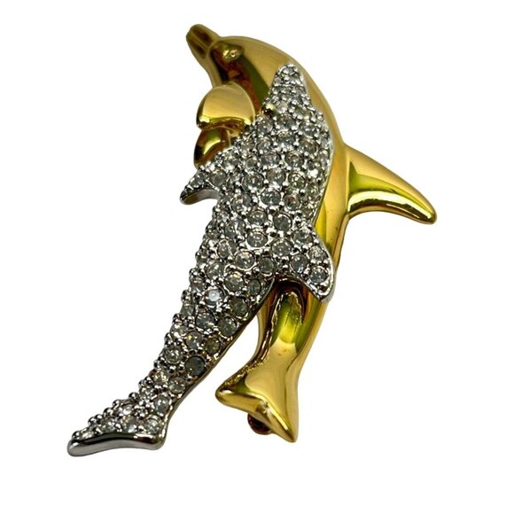 Swarovski Double Dolphin Brooch Gold Tone Crystal Rhinestones Beach Nautical - Picture 5 of 9